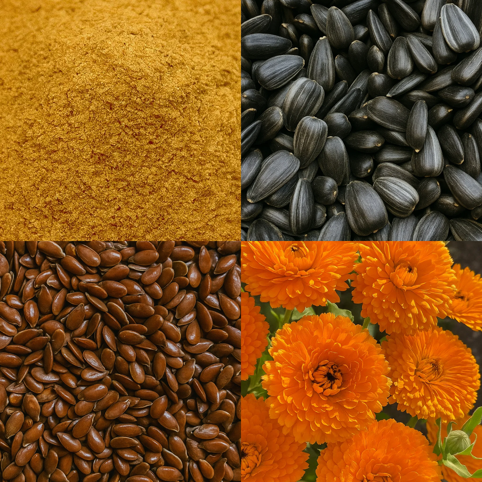 A collage showing a yellow powder, sunflower seeds, flax seeds, and orange flowers in four panels.
