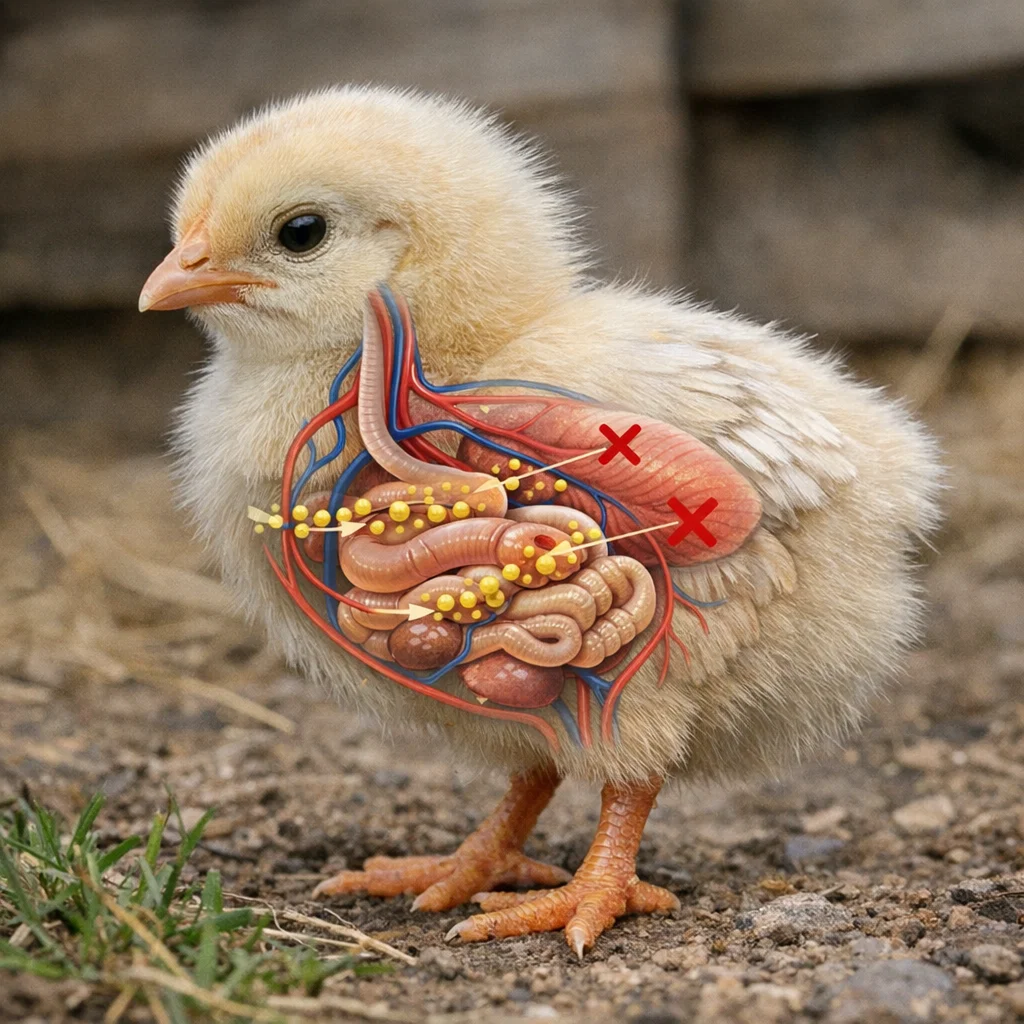 A baby chick with a cutaway diagram showing its digestive and circulatory systems.