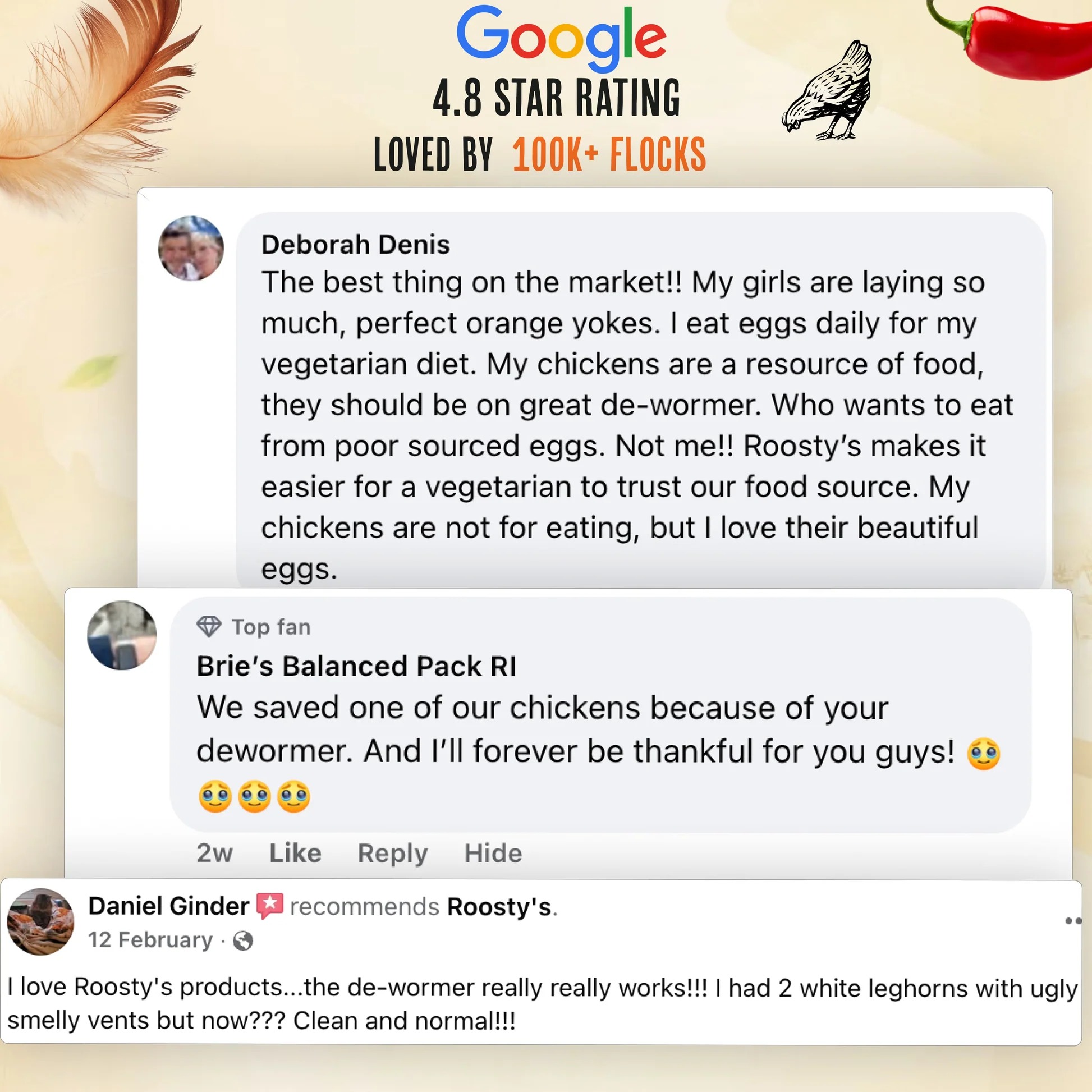 Screenshots of positive customer testimonials for Roosty's chicken products, with a Google 4.8 star rating.