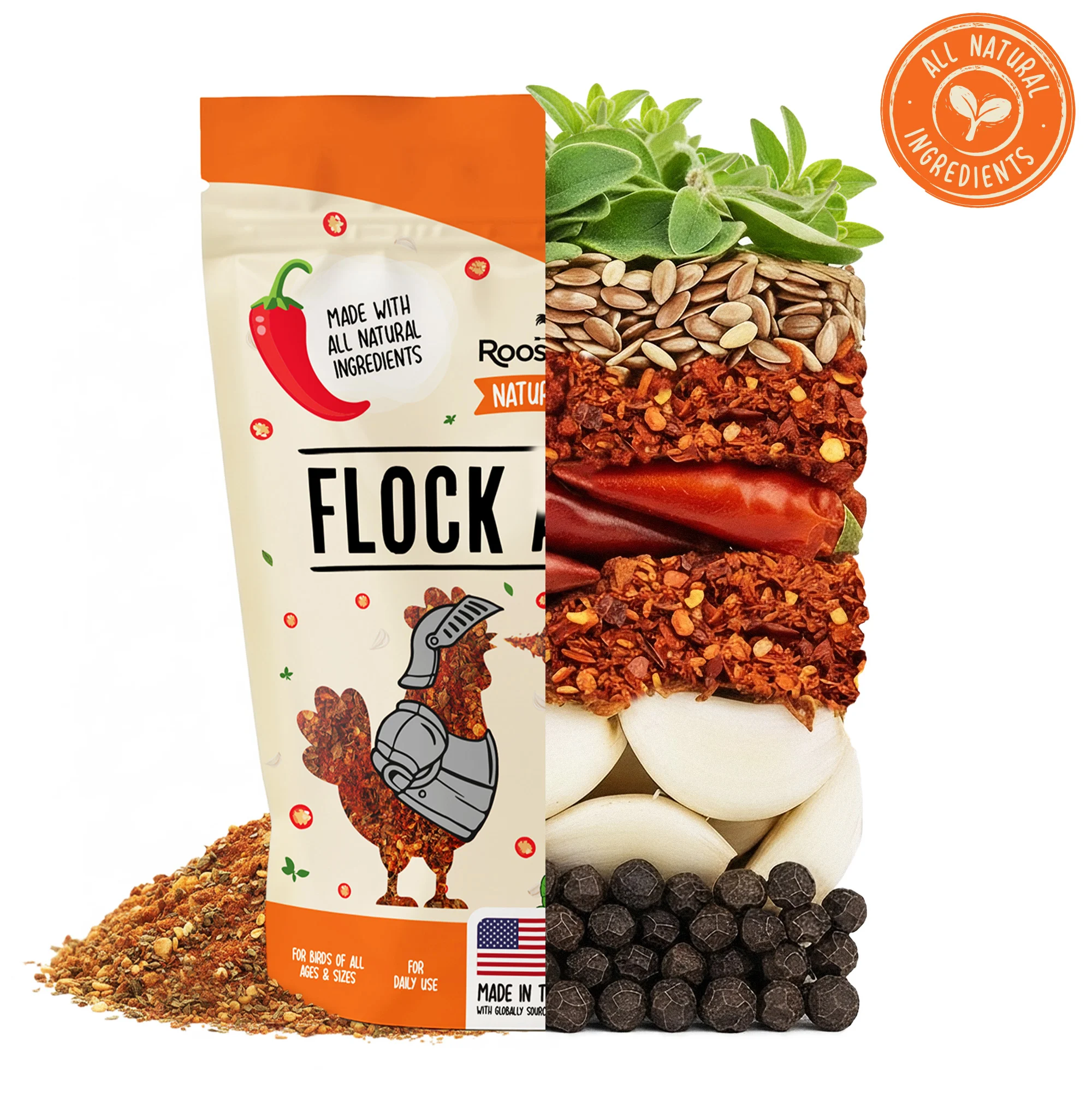 A bag of Flock brand spices shown next to a stack of its all-natural ingredients.