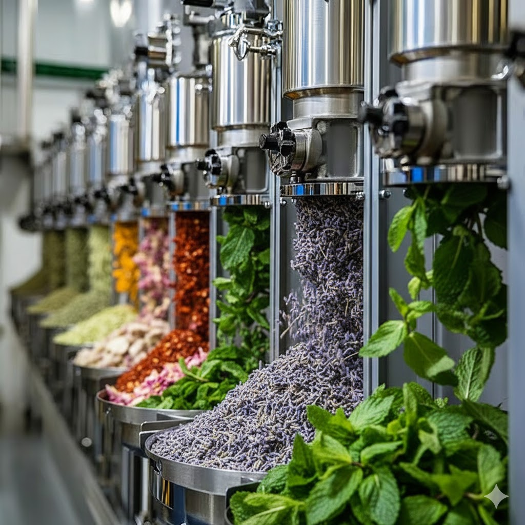 A row of industrial dispensers filled with colorful dried herbs and flowers like lavender and mint.