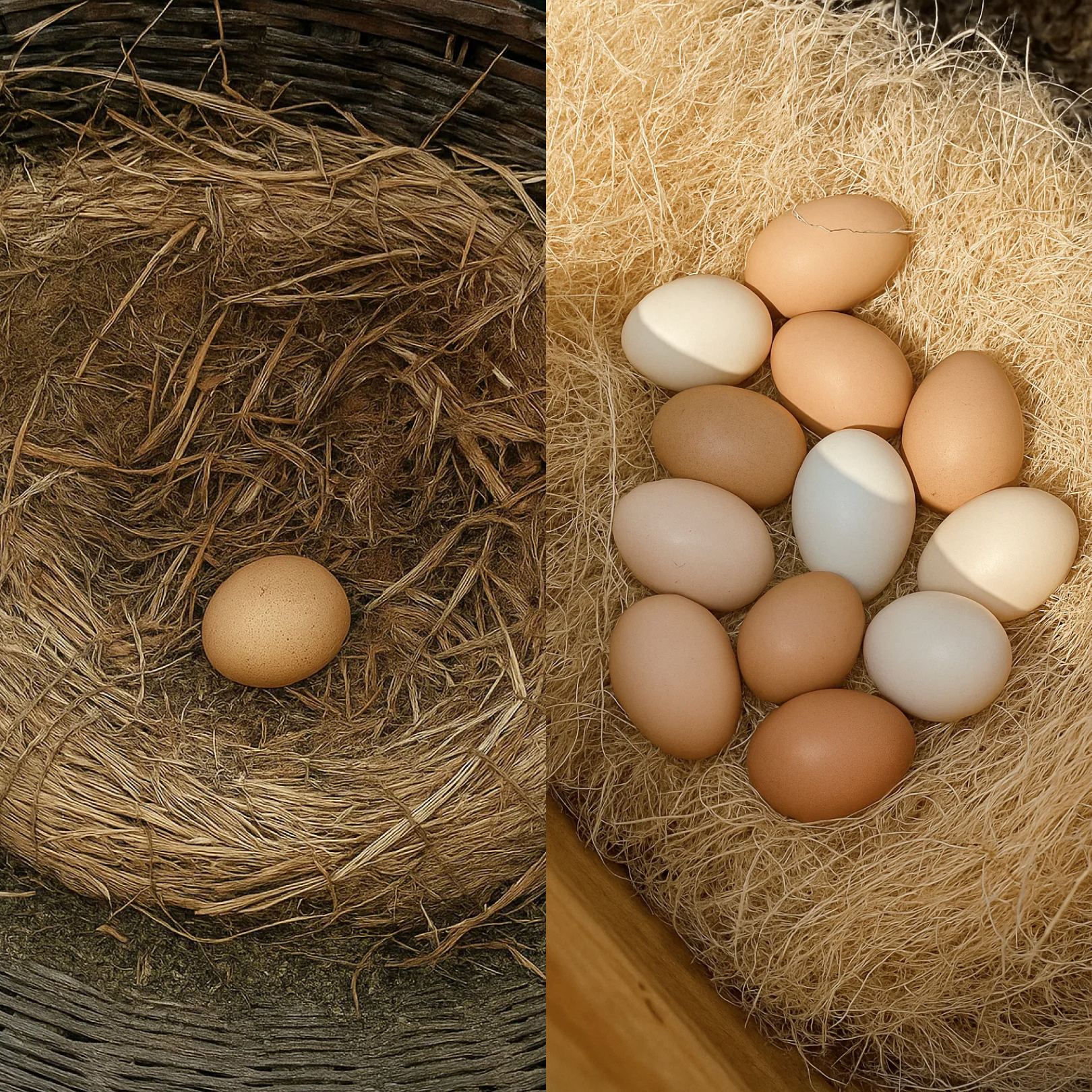 A diptych showing a single egg in a nest on the left, and many eggs on the right.