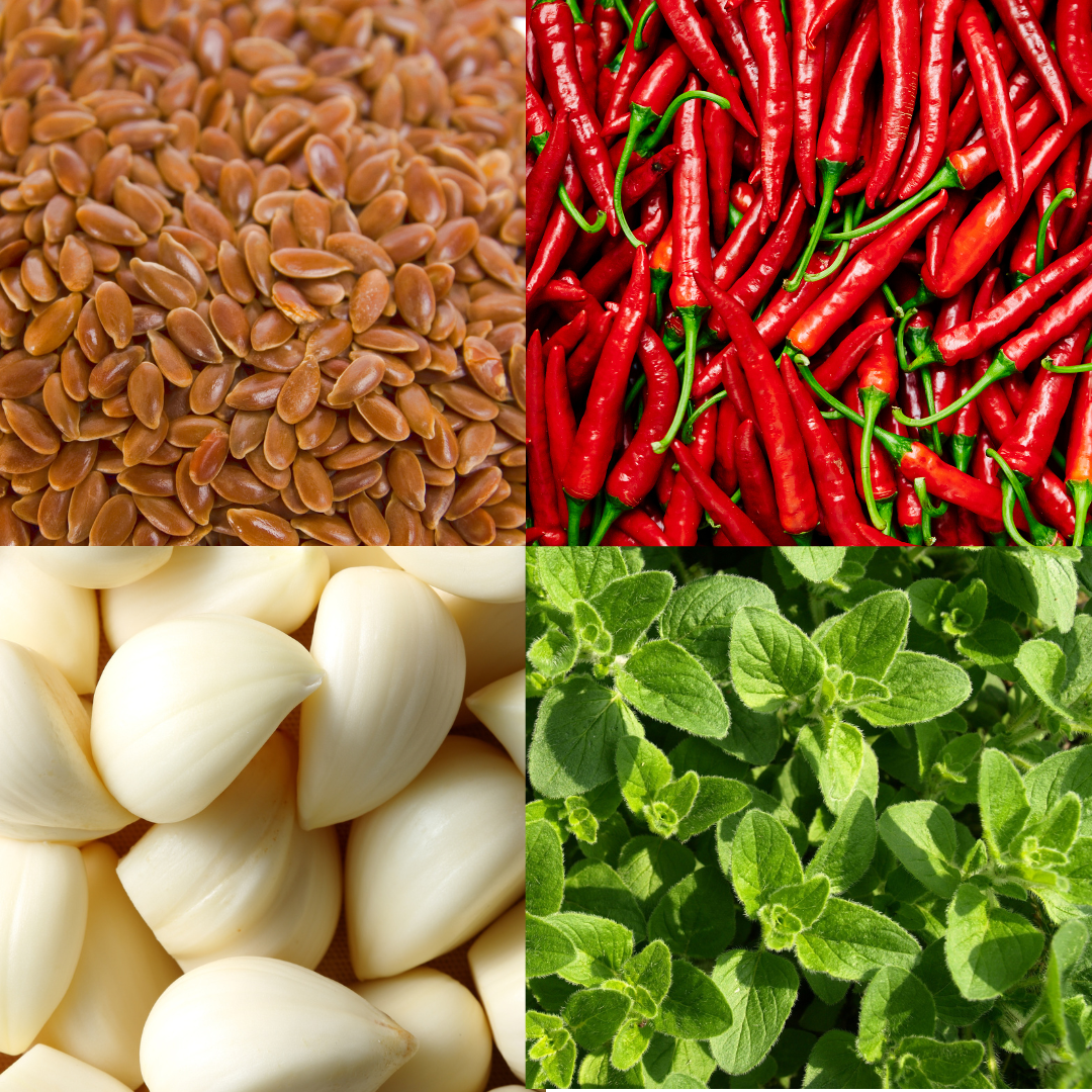 Collage of flaxseeds, red chili peppers, garlic cloves, and fresh green herbs.