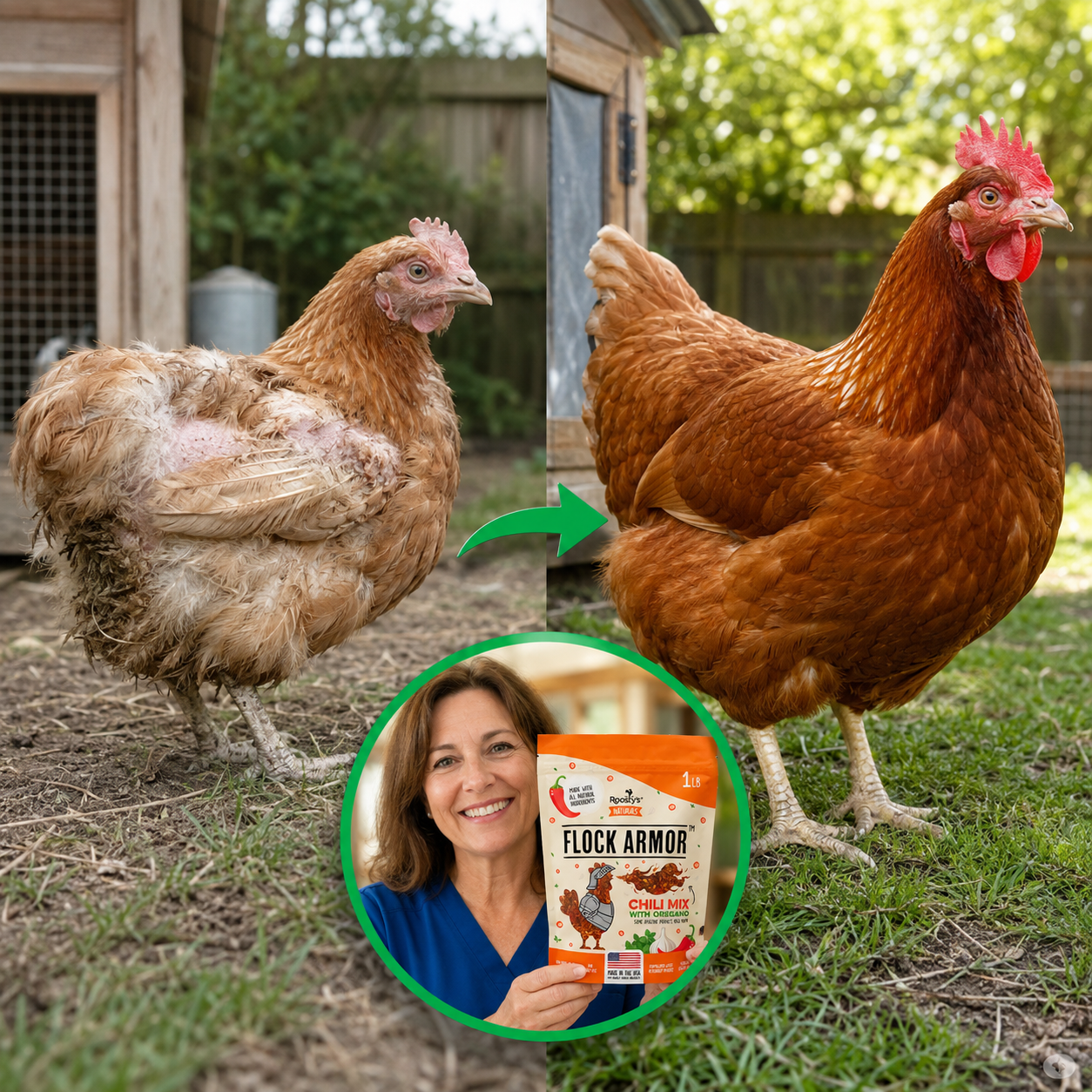 A before and after image showing a chicken's feathers regrowing, with a woman holding a bag of feed.