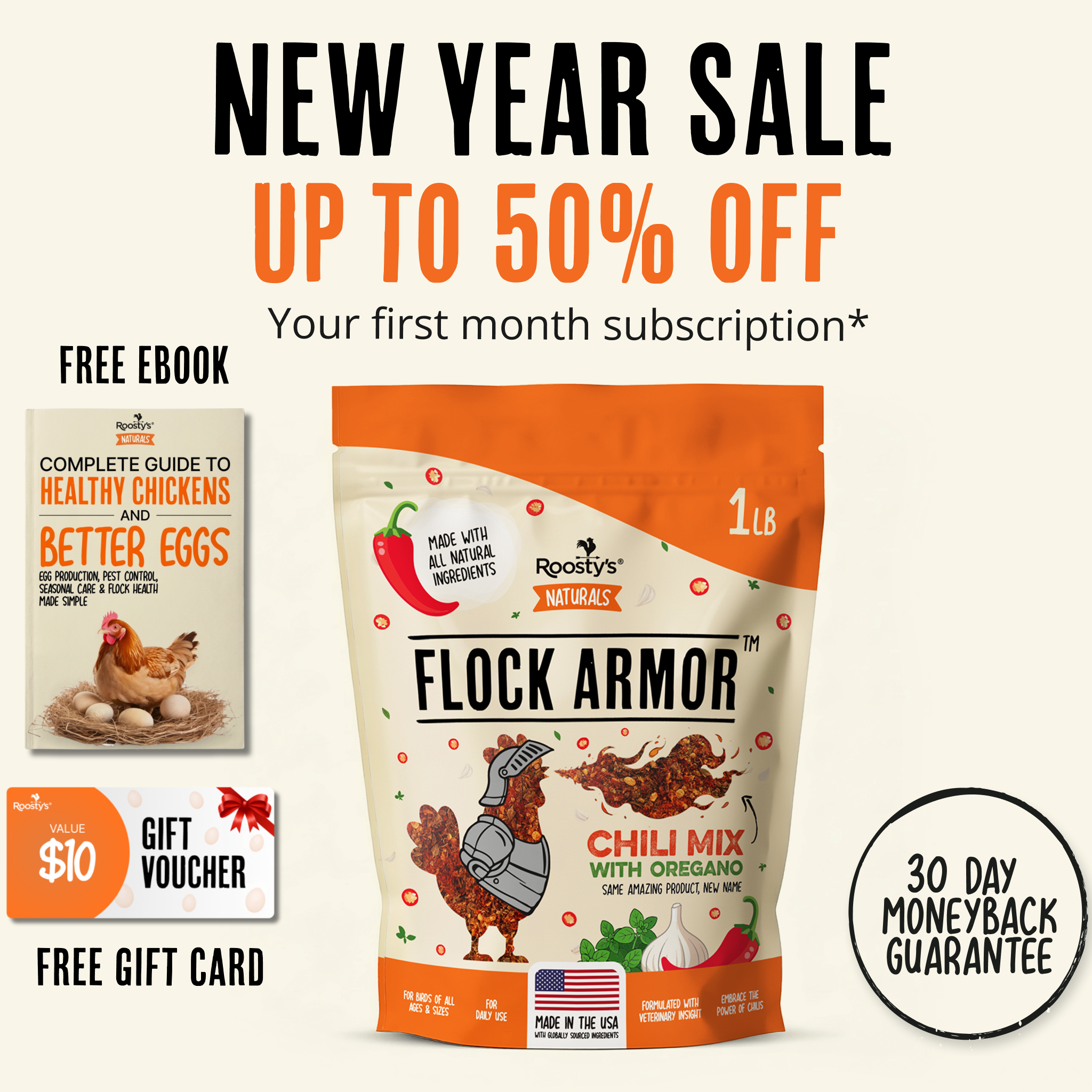 Advertisement for Flock Armor with a 50% off New Year sale, free ebook, and gift card offer.