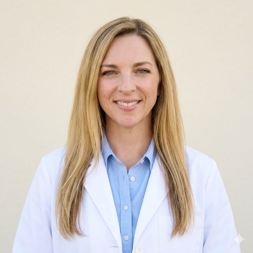 A headshot of a smiling woman with blonde hair, wearing a white lab coat over a blue shirt.