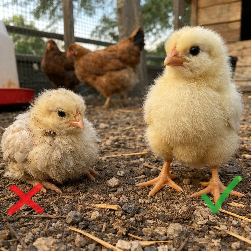 Two baby chicks, one hunched with a red X and one standing alert with a green checkmark.