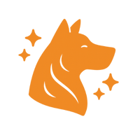 Orange silhouette of a dog's head with stars around it.