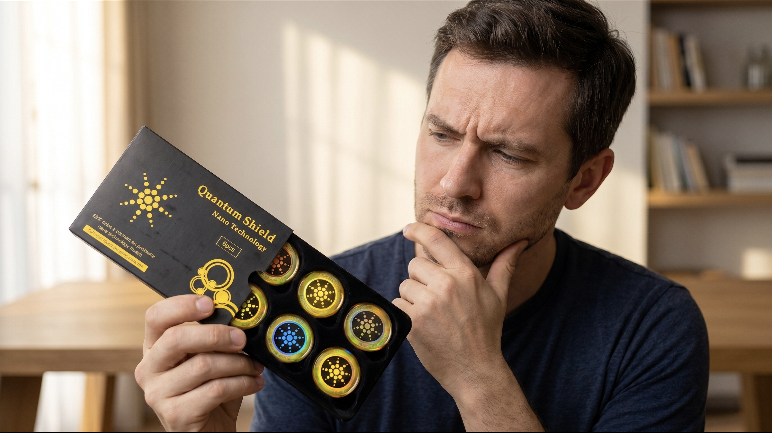 A man with a skeptical expression holds a box labeled 'Quantum Shield Nano Technology' containing six small discs.