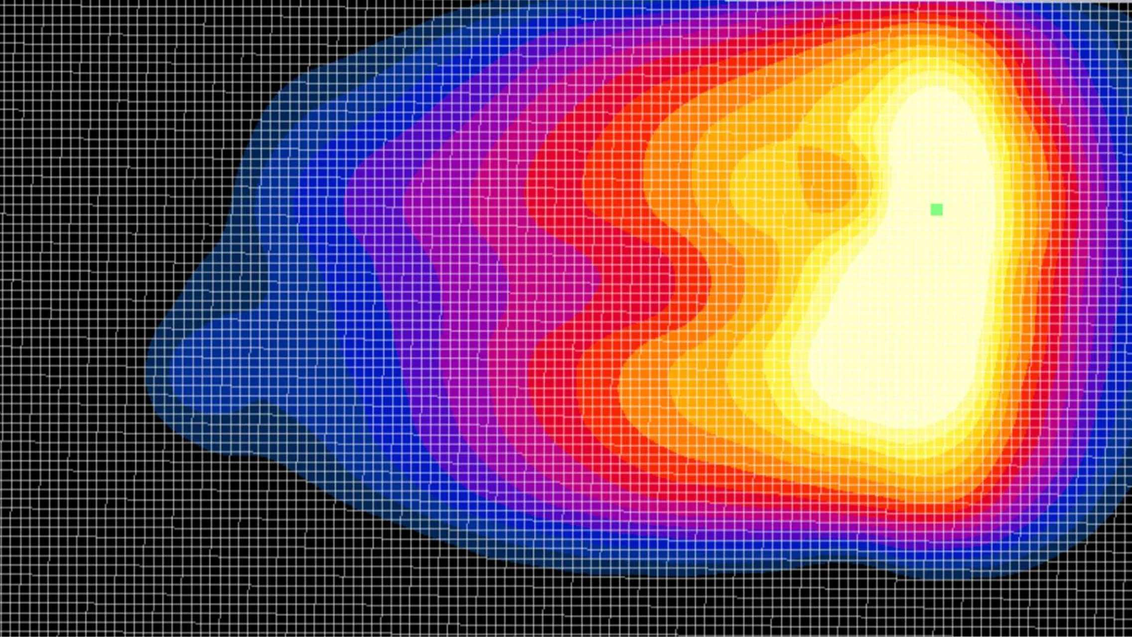 A colorful heatmap on a black grid, showing a gradient from blue to bright yellow.
