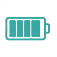Turquoise battery icon with four bars on a black background.