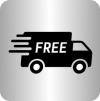 Icon of a black delivery truck with the word FREE on its side, set against a silver background.