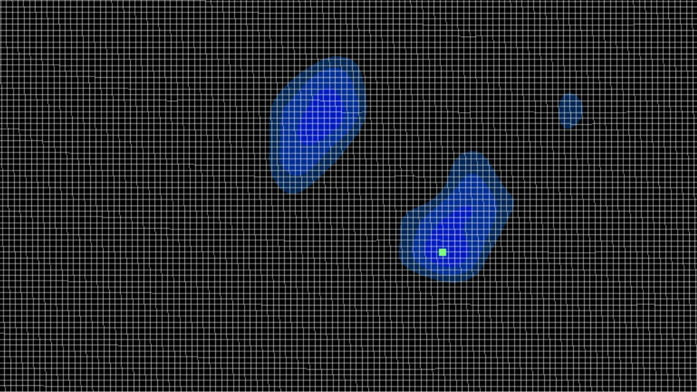 A heatmap showing three blue concentration areas on a black and white grid.