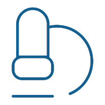 Blue minimalist icon of a stylized microphone.