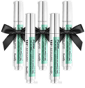 Five silver and teal mascara tubes with black bows.
