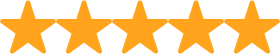 A graphic of five solid orange stars in a row representing a rating.