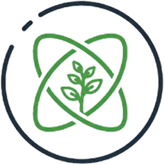 A green plant inside an atomic structure with a circular border.