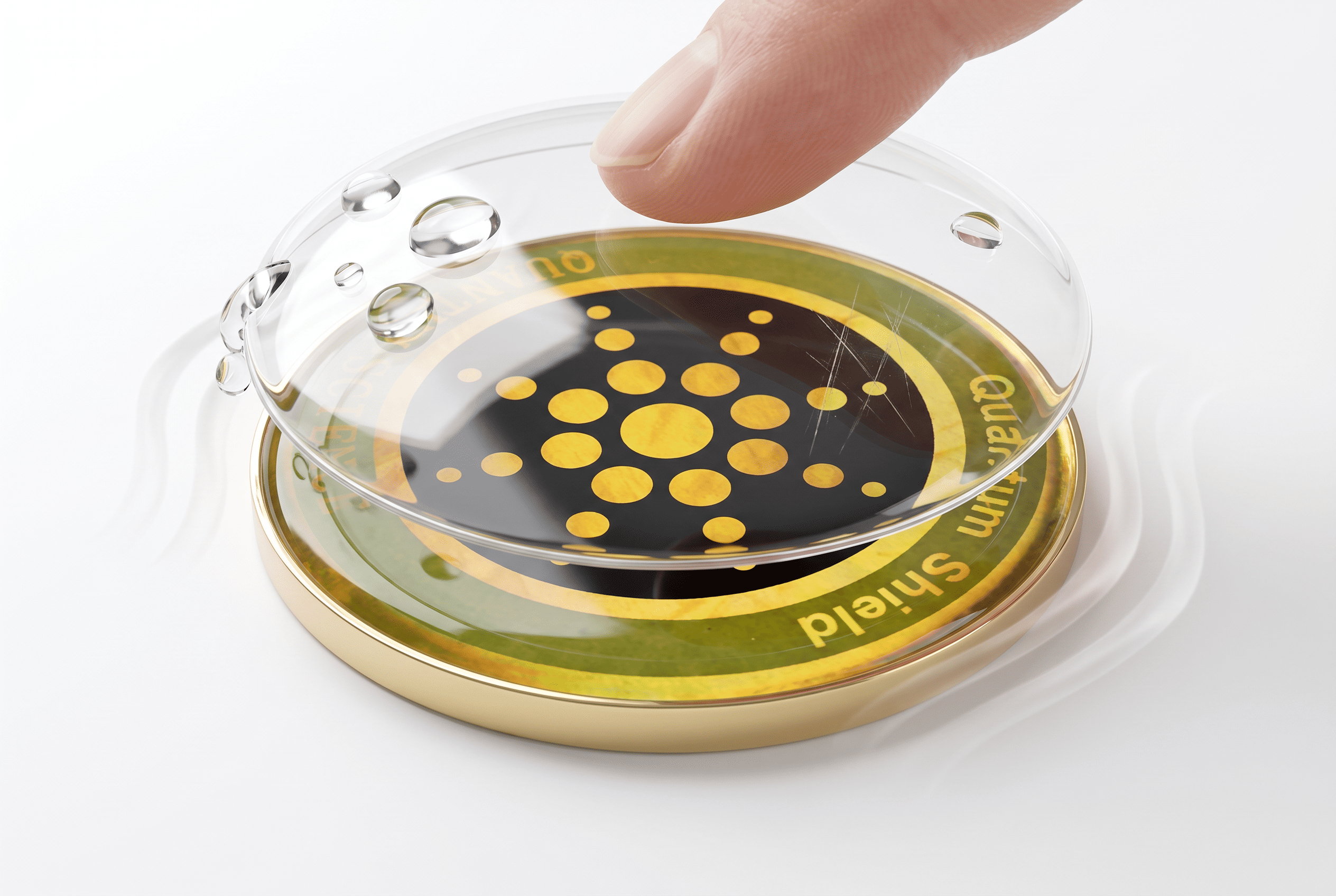 A finger places a clear, protective shield with water droplets over a gold Cardano coin.