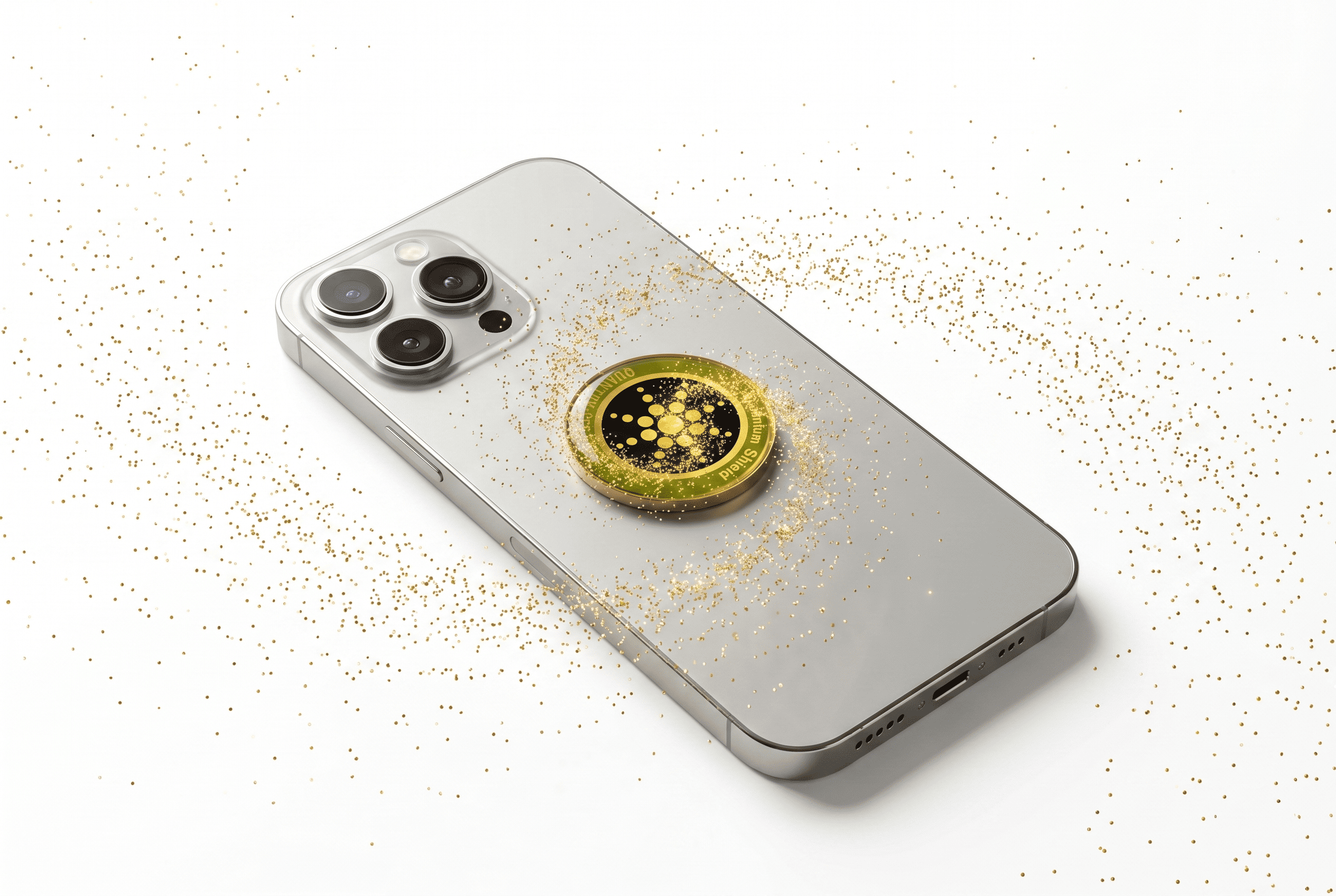A gold Cardano Quantum Shield attached to the back of a silver smartphone, surrounded by gold glitter.