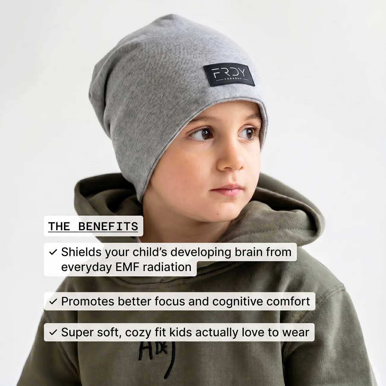 A boy in a grey beanie and green hoodie, with an overlay of text listing benefits.