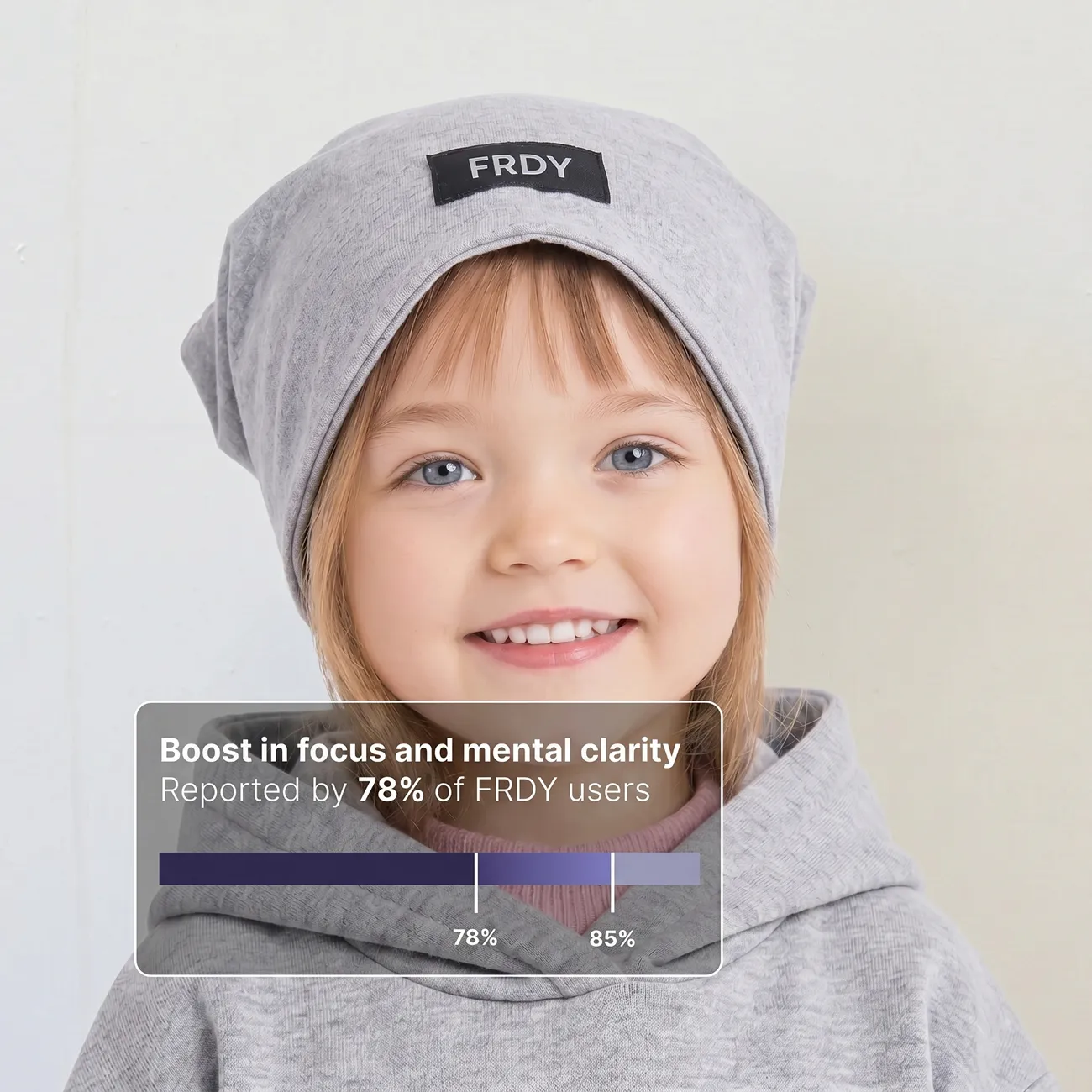 A smiling child in a grey FRDY beanie and hoodie with a graphic overlay about focus and mental clarity.