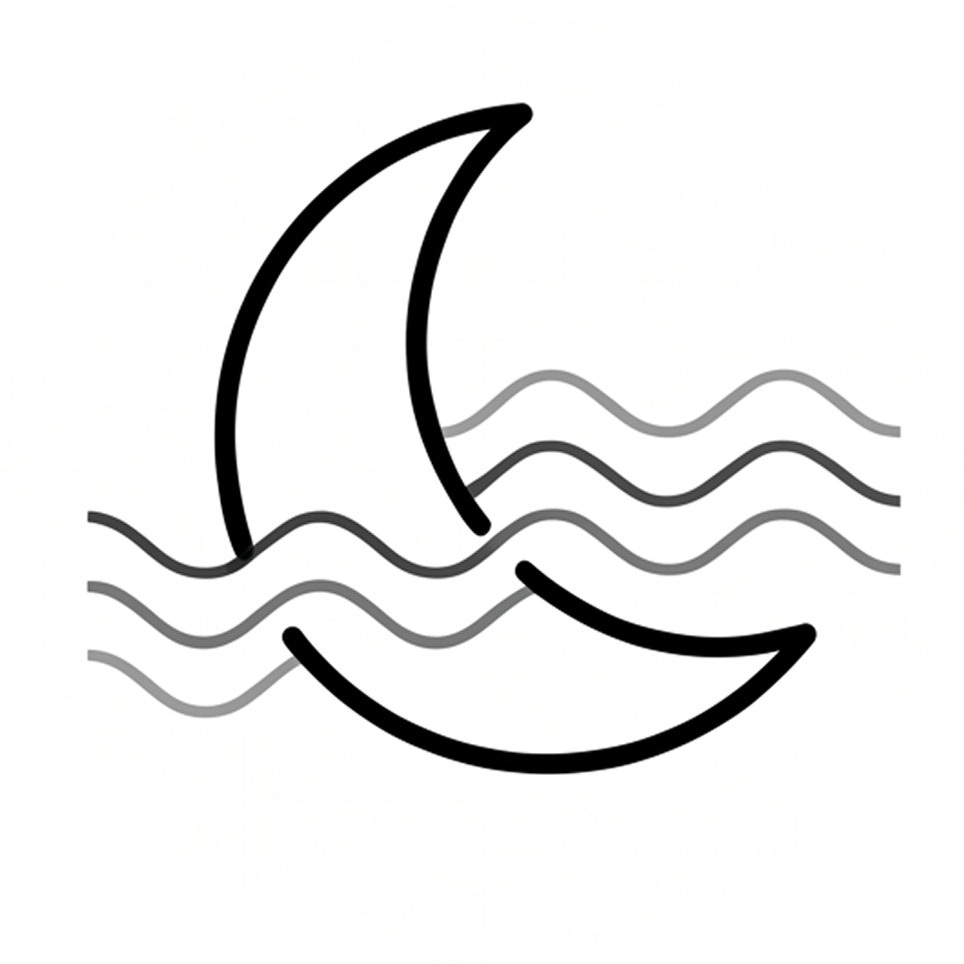 A black and white line drawing of a crescent moon with three wavy lines passing through it.