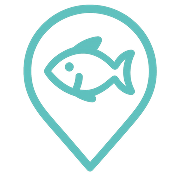 A fish icon within a map marker shape.