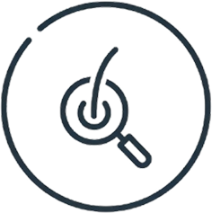 Simple line drawing of a hair and magnifying glass symbol.