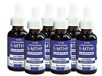 Six dropper bottles labeled '5-MTHF' with white caps.