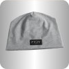 A light gray beanie with a small black rectangular label on the front.