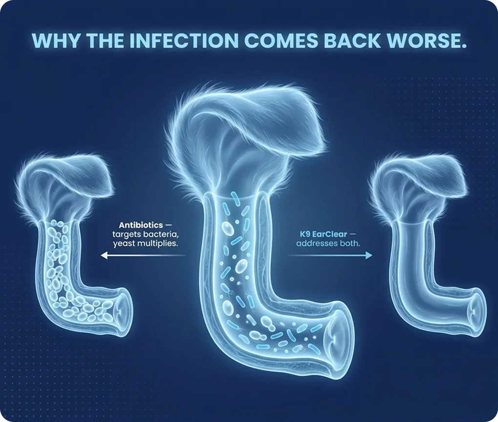 Infographic showing how antibiotics can worsen a dog's ear infection compared to using K9 EarClear.