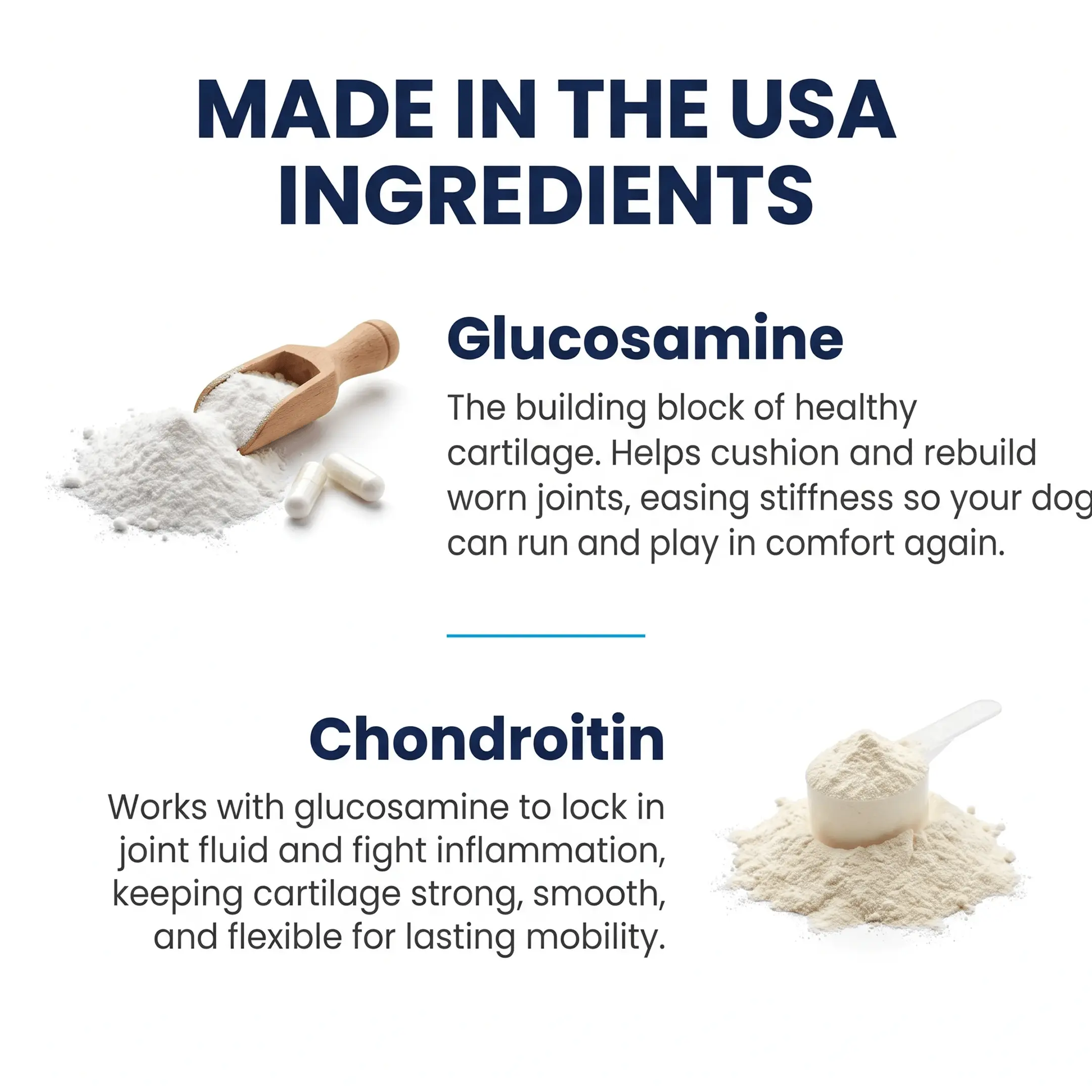 An infographic detailing the benefits of Glucosamine and Chondroitin, with images of the powdered ingredients.