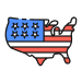 Map of the USA with flag colors and stars.