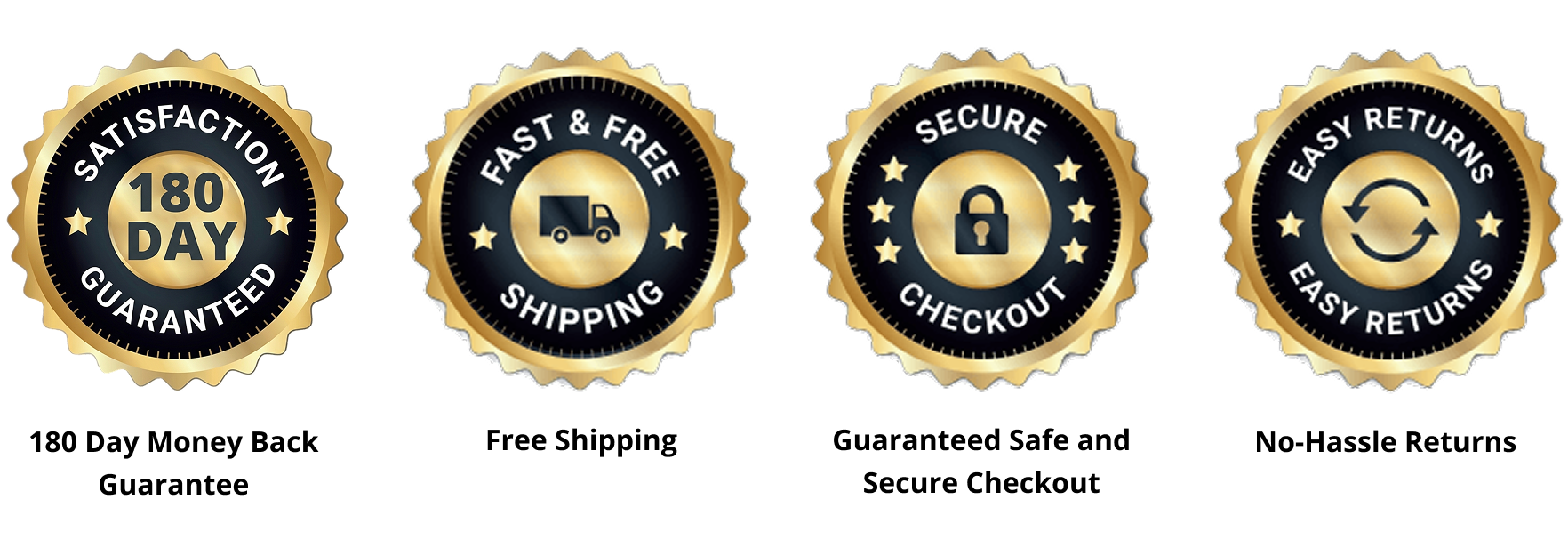 Four gold and black badges for 180-day guarantee, free shipping, secure checkout, and easy returns.
