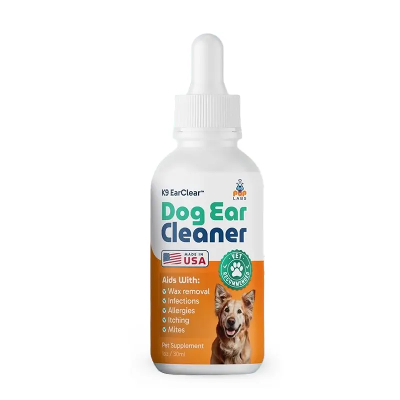 Bottle of K9 EarClear Dog Ear Cleaner with dog image and product details.