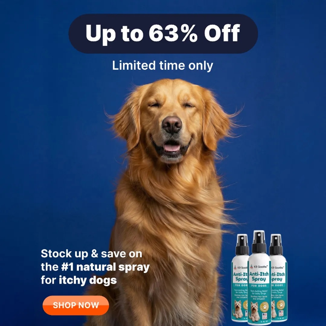 A smiling golden retriever sits next to three bottles of K9 Soothe anti-itch spray for dogs.