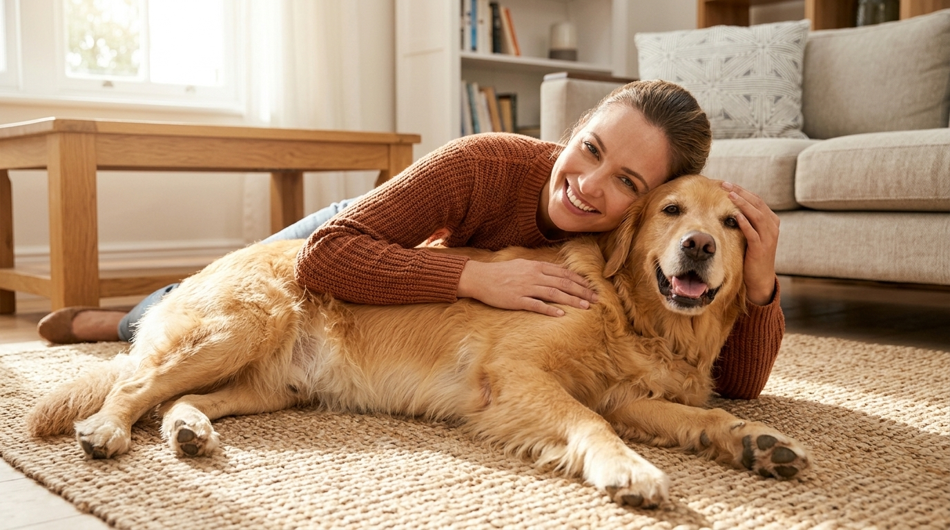 A smiling woman lies on a rug, hugging a golden retriever in a sunlit living room.