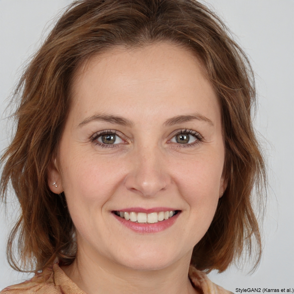 A close-up portrait of a smiling woman with short light brown hair and green eyes.