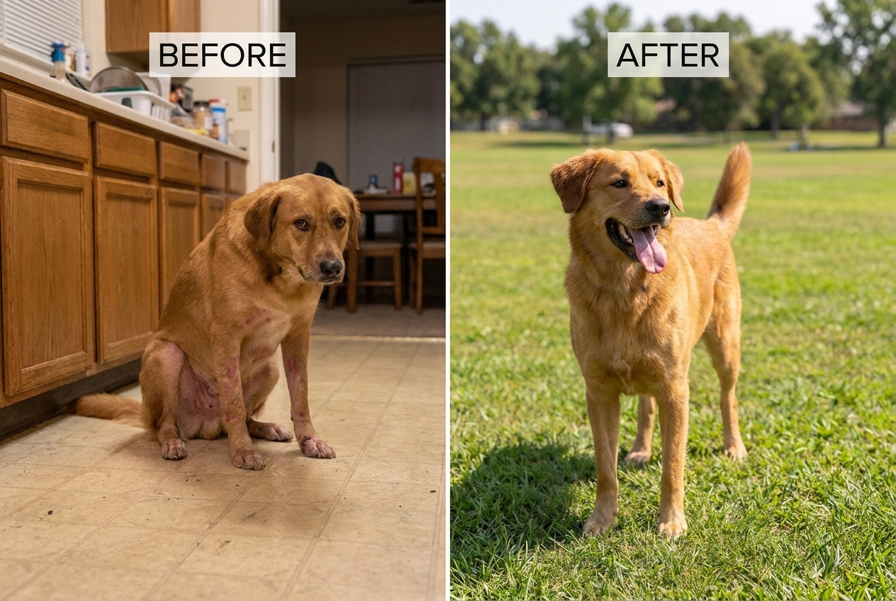 A before and after comparison of a dog looking sad with skin irritation, then happy and healthy in a field.
