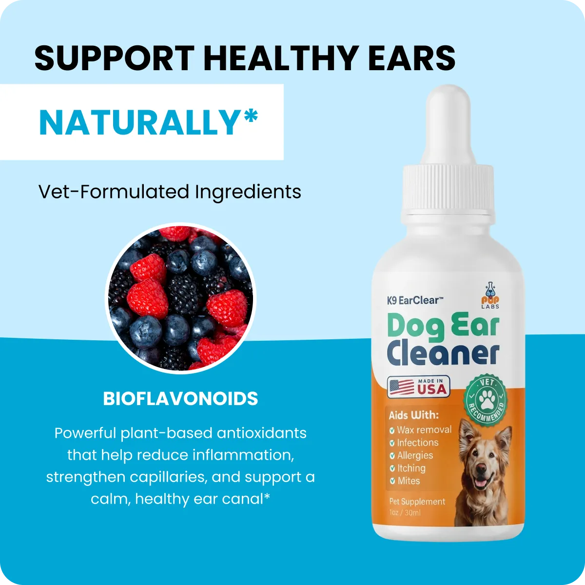 An advertisement for dog ear cleaner, showing the product bottle, a dog, and an image of berries.