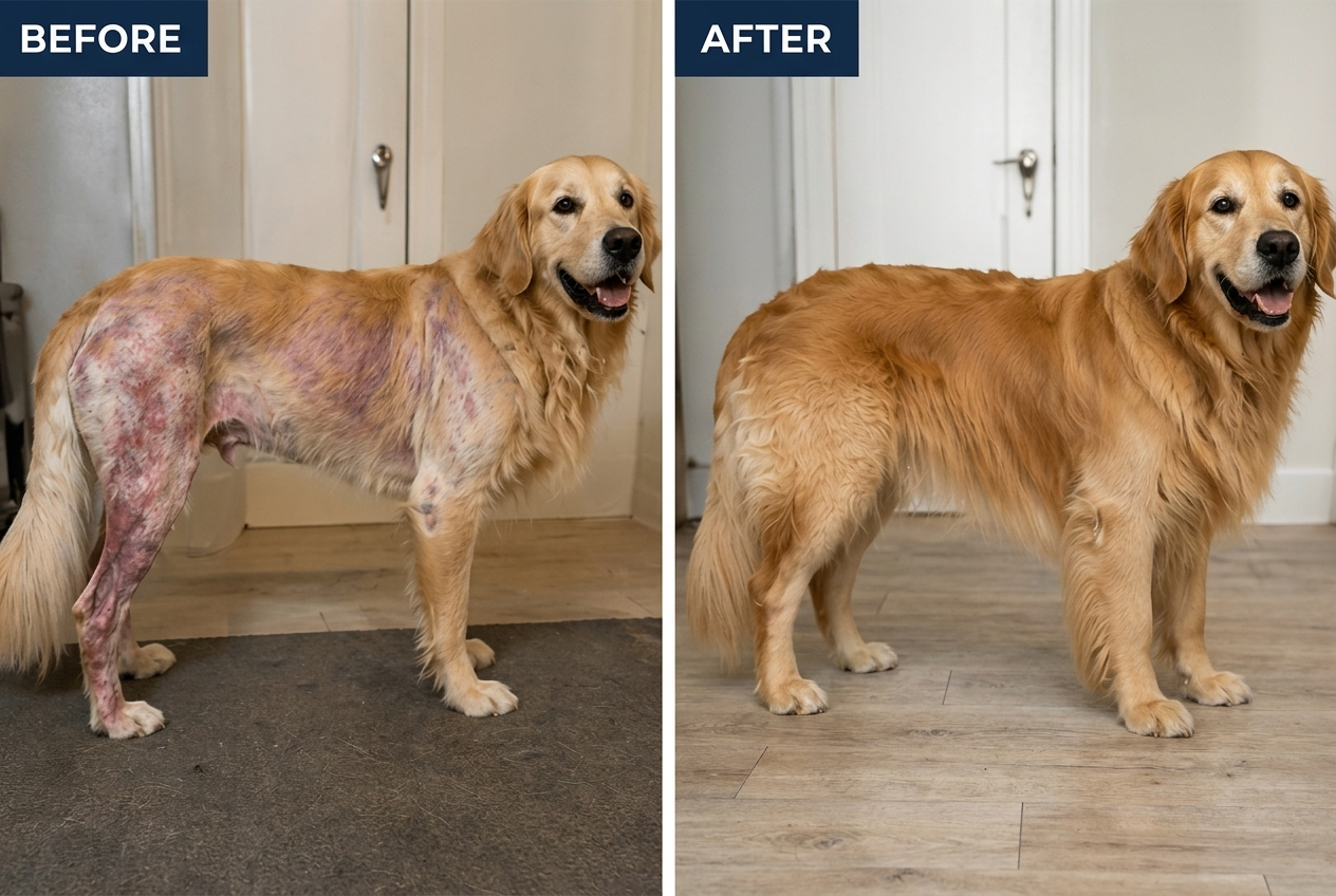 A before and after comparison of a golden retriever with a severe skin condition, showing its healthy, regrown coat.