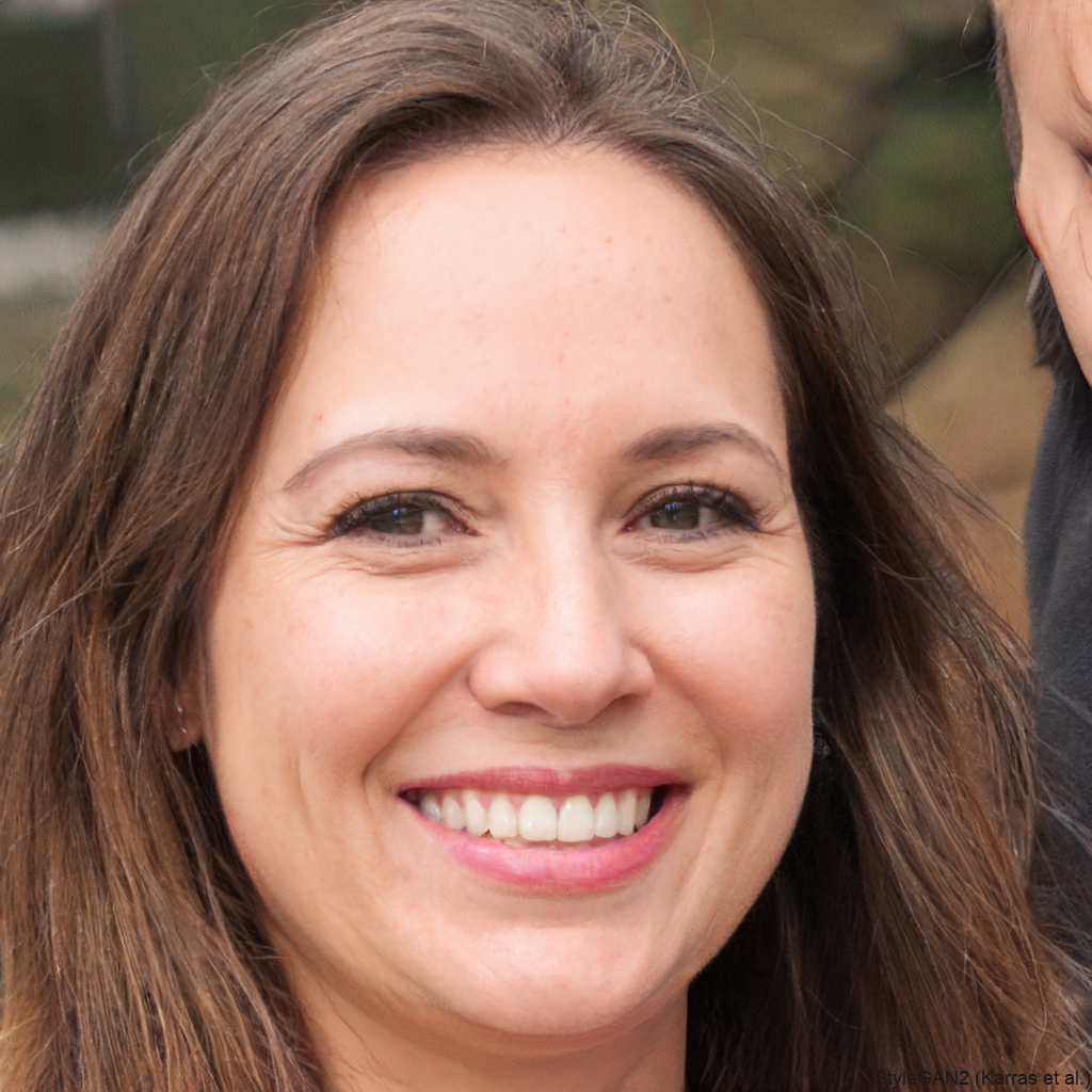 A close-up portrait of a smiling woman with brown hair and brown eyes.