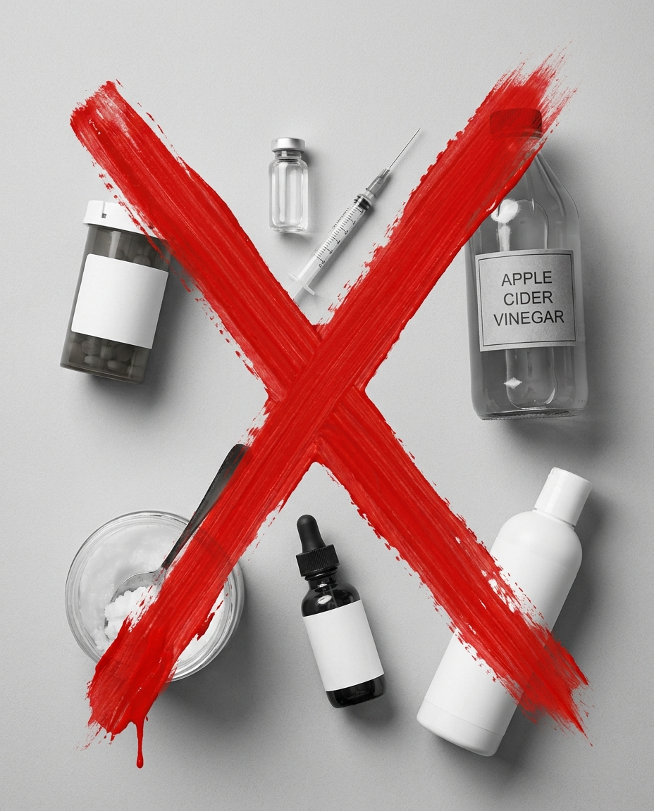 Various medical and health products in black and white, with a large red 'X' painted over them.