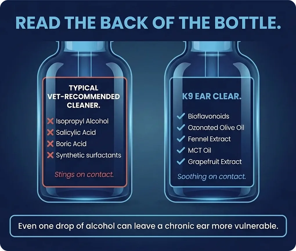 An infographic comparing the ingredients of a typical vet-recommended ear cleaner with K9 Ear Clear.