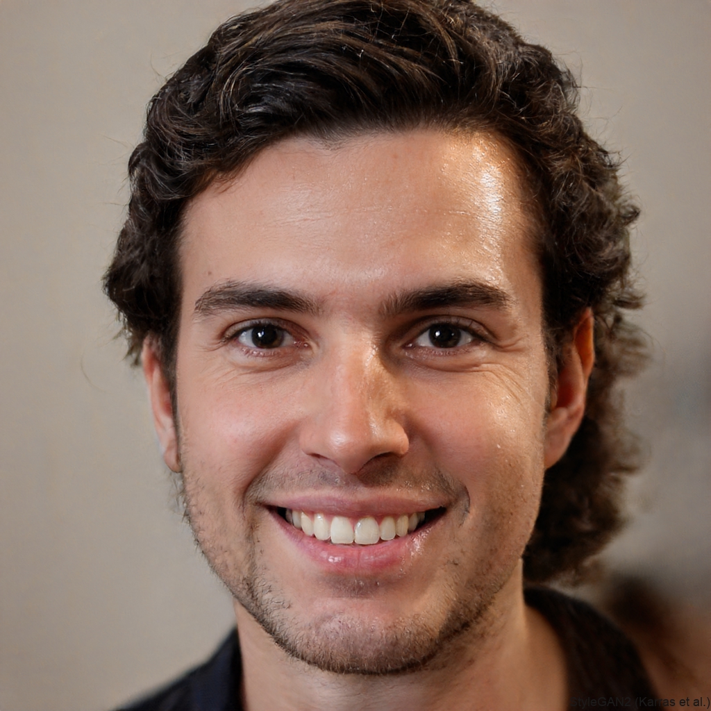 A close-up headshot of a smiling young man with dark wavy hair and brown eyes.
