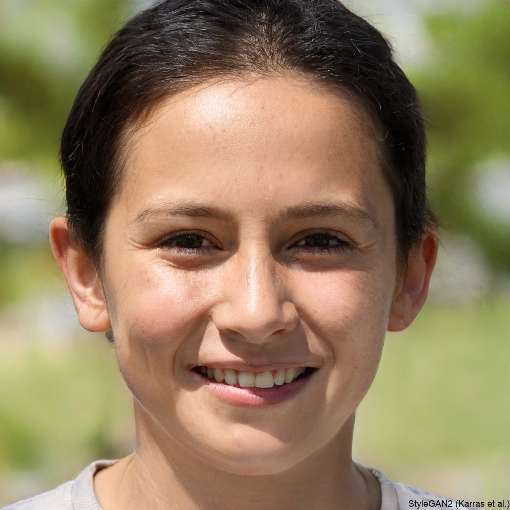 A close-up portrait of a smiling person with short dark hair and a blurred green background.
