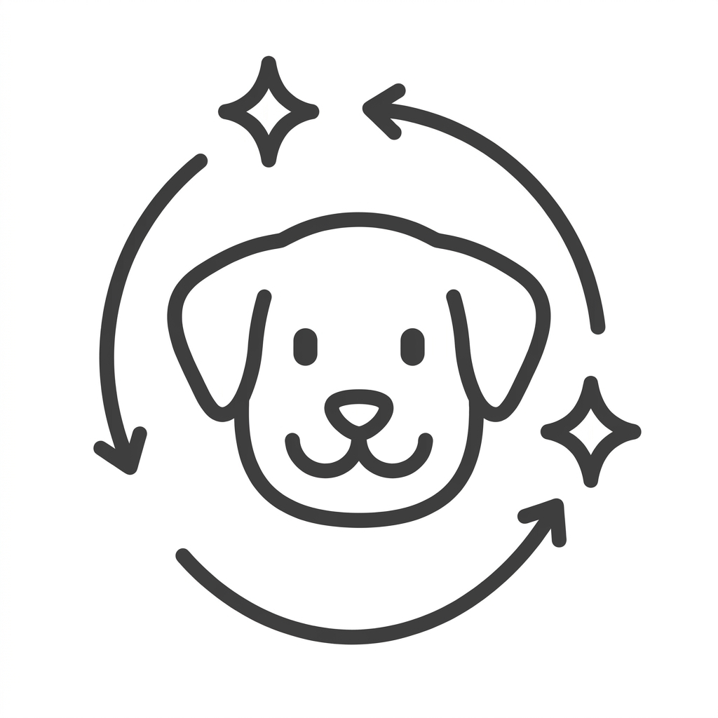 A line icon of a dog's head surrounded by a circular arrow and sparkles.