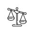 Black and white icon of a balance scale inside a circle.