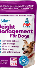 Dog weight management supplement packaging with a dog image and product benefits listed.
