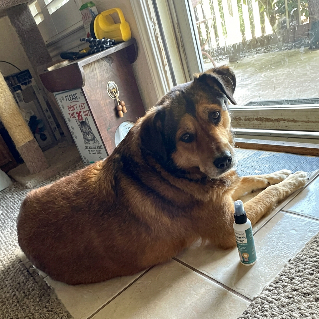 A brown and black dog is lying on a tiled floor, looking back at the camera.
